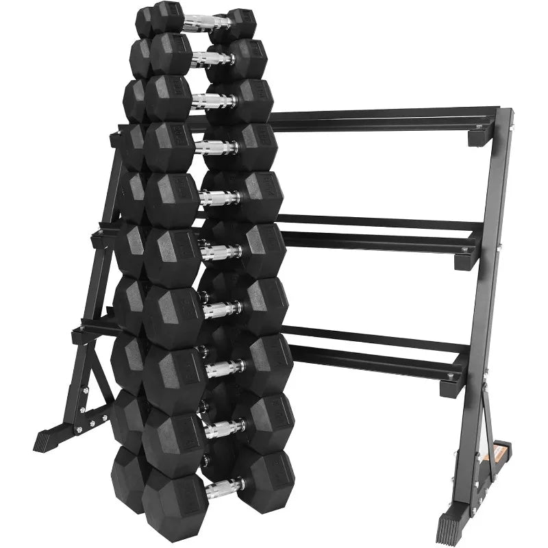 Rubber Coated Hex Dumbbells Set with Rack