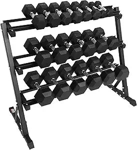 Rubber Coated Hex Dumbbells Set with Rack