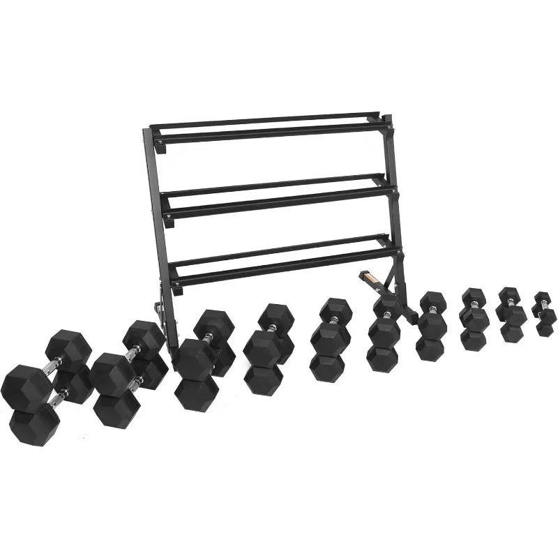 Rubber Coated Hex Dumbbells Set with Rack